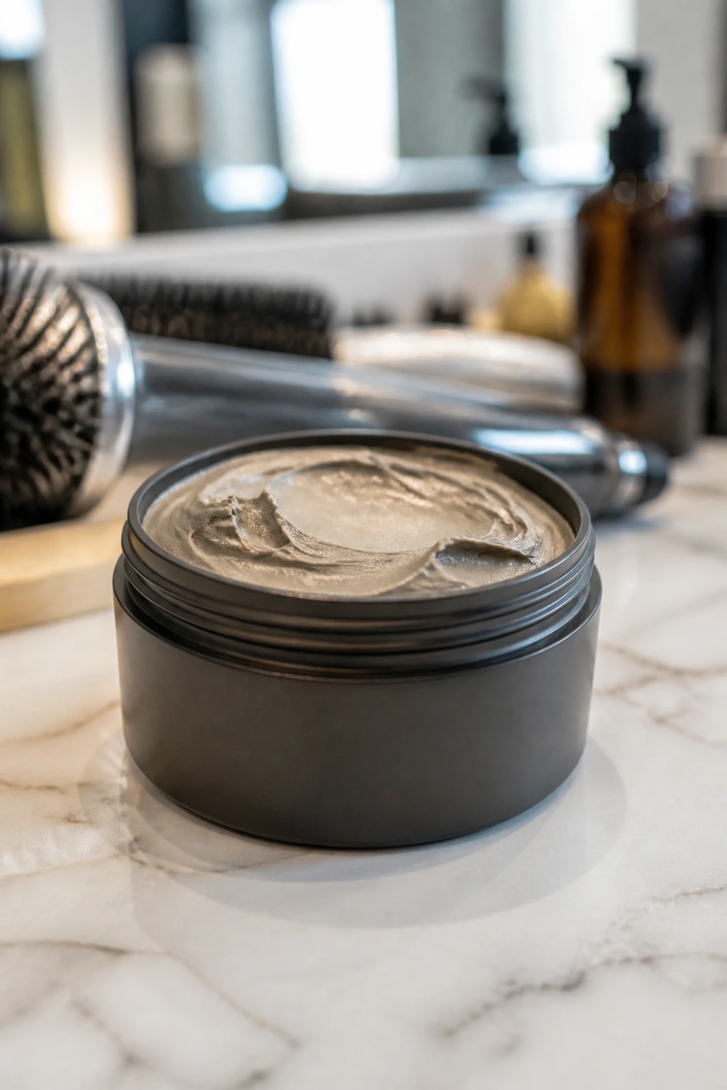 Close-up of a matte hair paste jar on a salon counter.