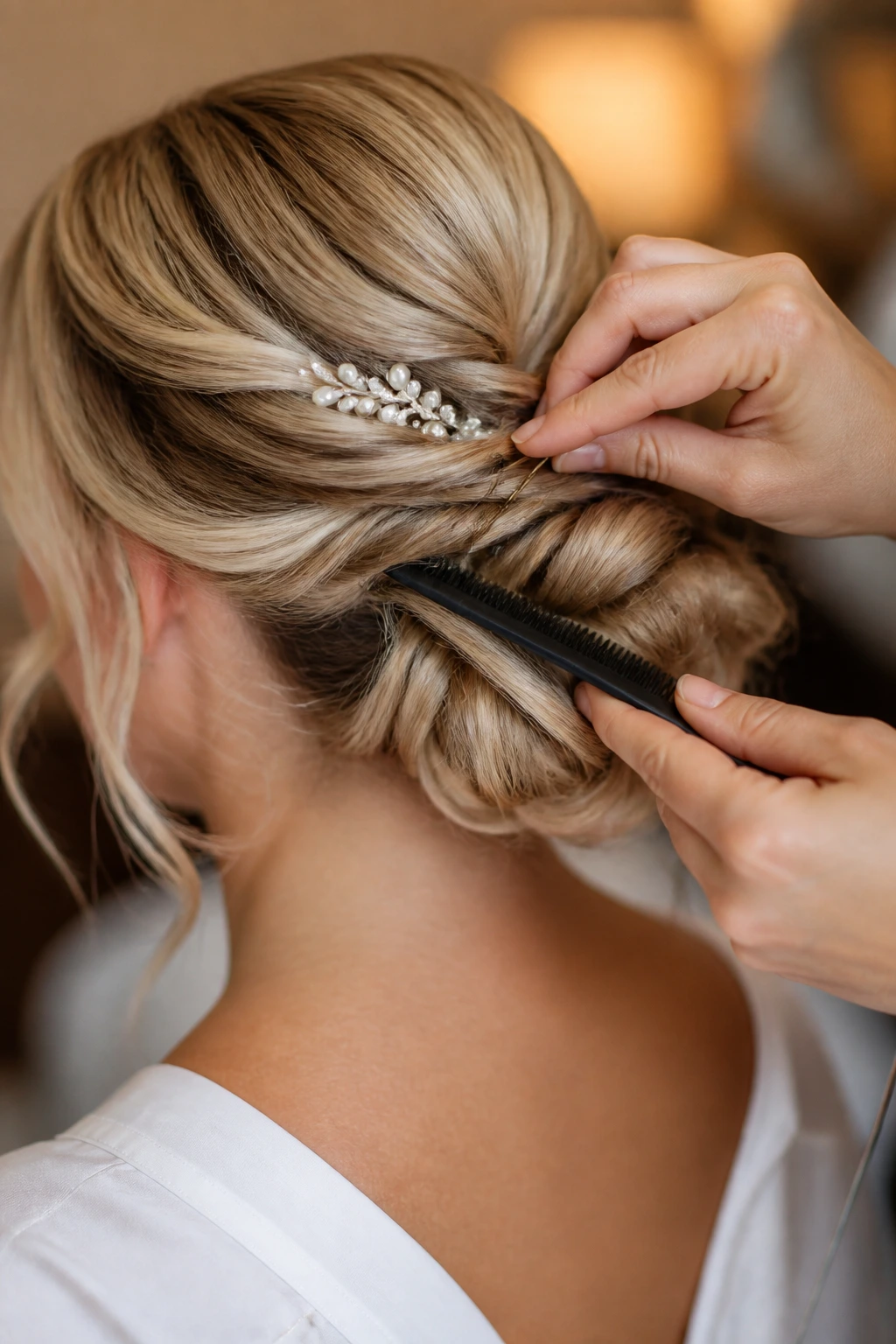 Stylist's hands with hairpins and comb styling a bridal chignon on real bride