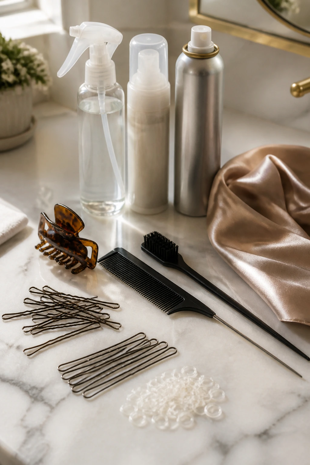 Close-up of styling equipment for short curly updos on a bathroom vanity