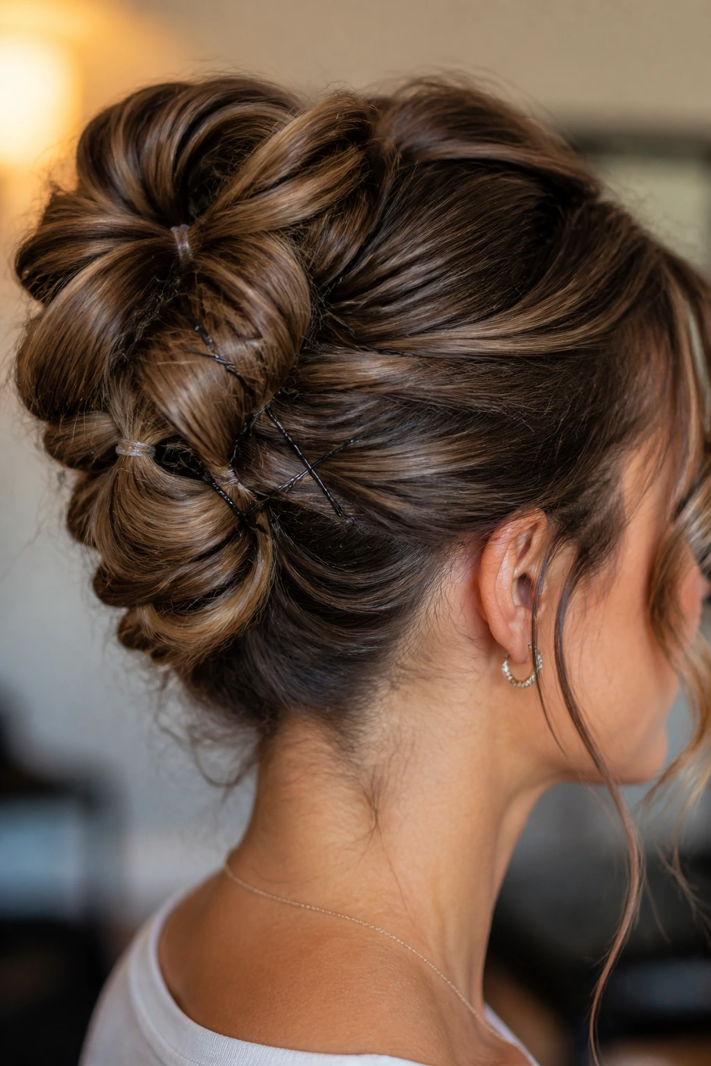 Close-up of a real woman's updo with visible pins and elastics securing the bun.