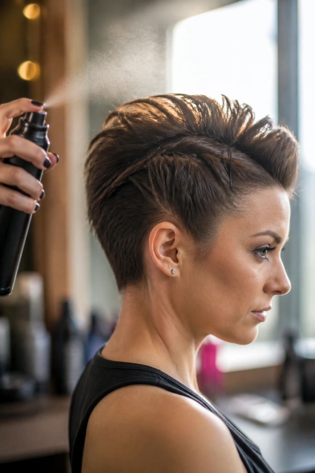 Close-up of pinned faux hawk sections with light spray securing the shape on a real person.