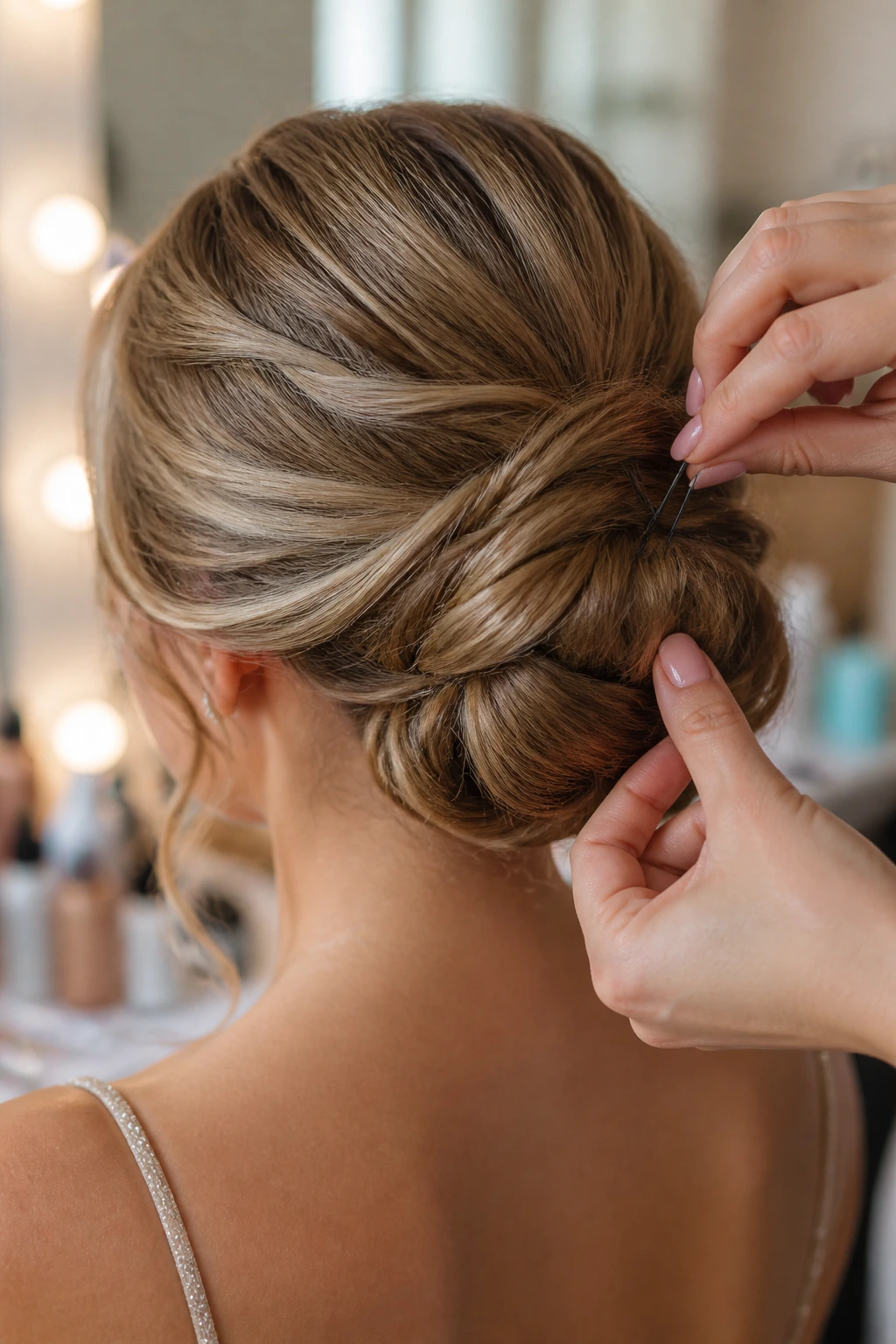 Hands pinning hair with bobby pins to secure a style
