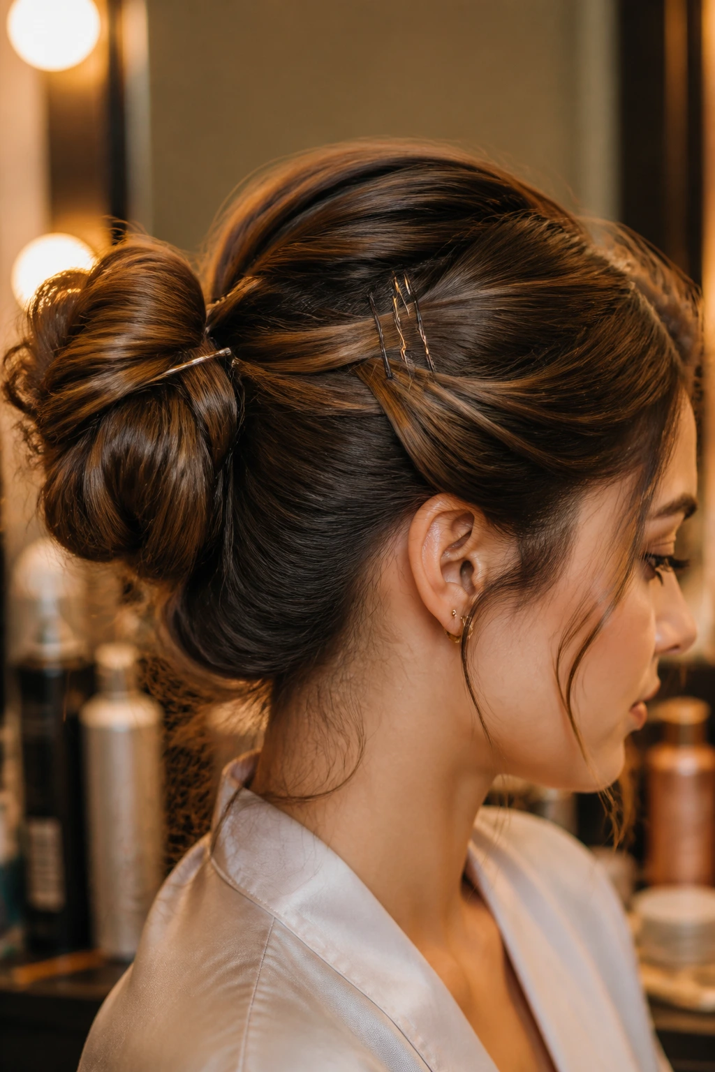 Close-up of hair secured with pins and U-pins in an updo, hair filling the frame