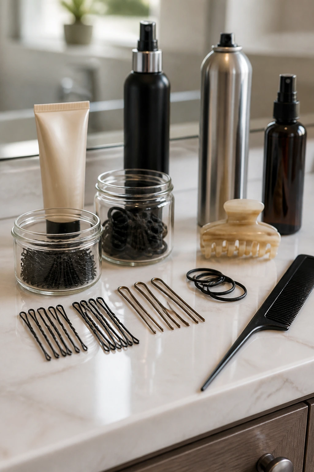 Close-up of essential short-hair updo tools arranged on a vanity.