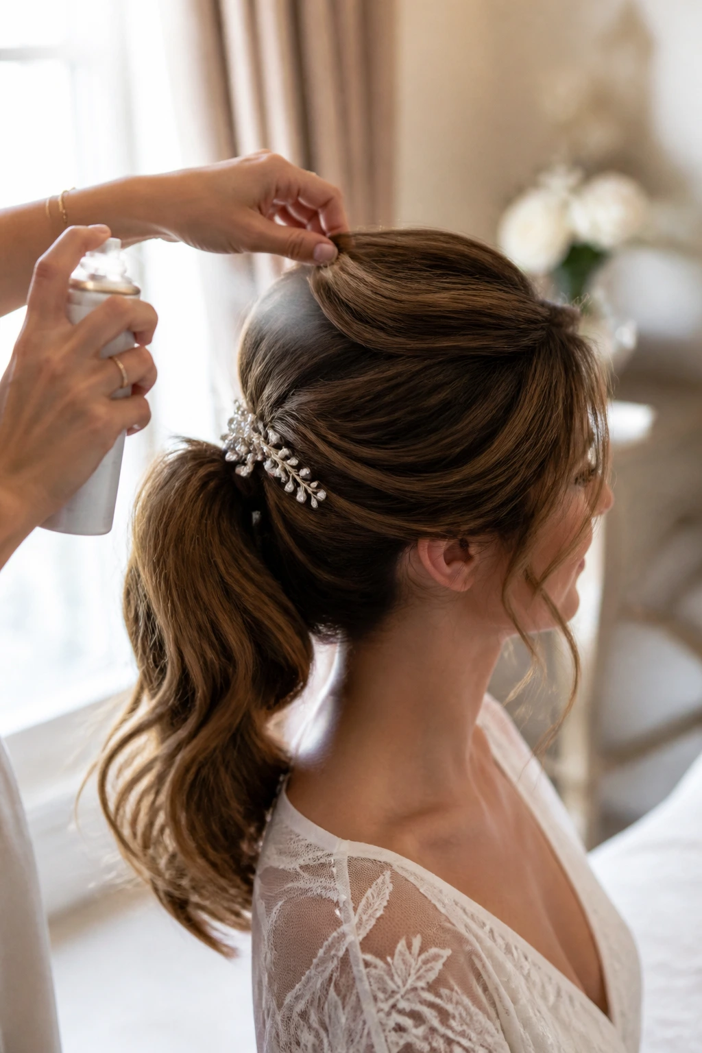 Bride prepping hair with mousse at the roots and visible accessories