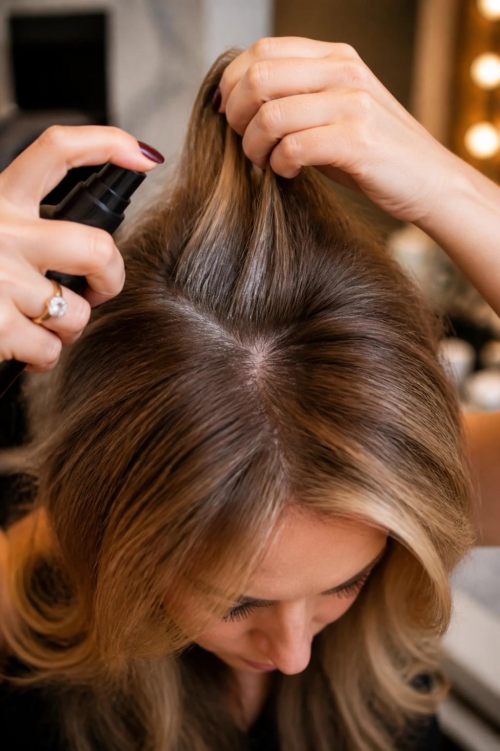 Close-up of crown prep with textured roots and product for grip on a real person.