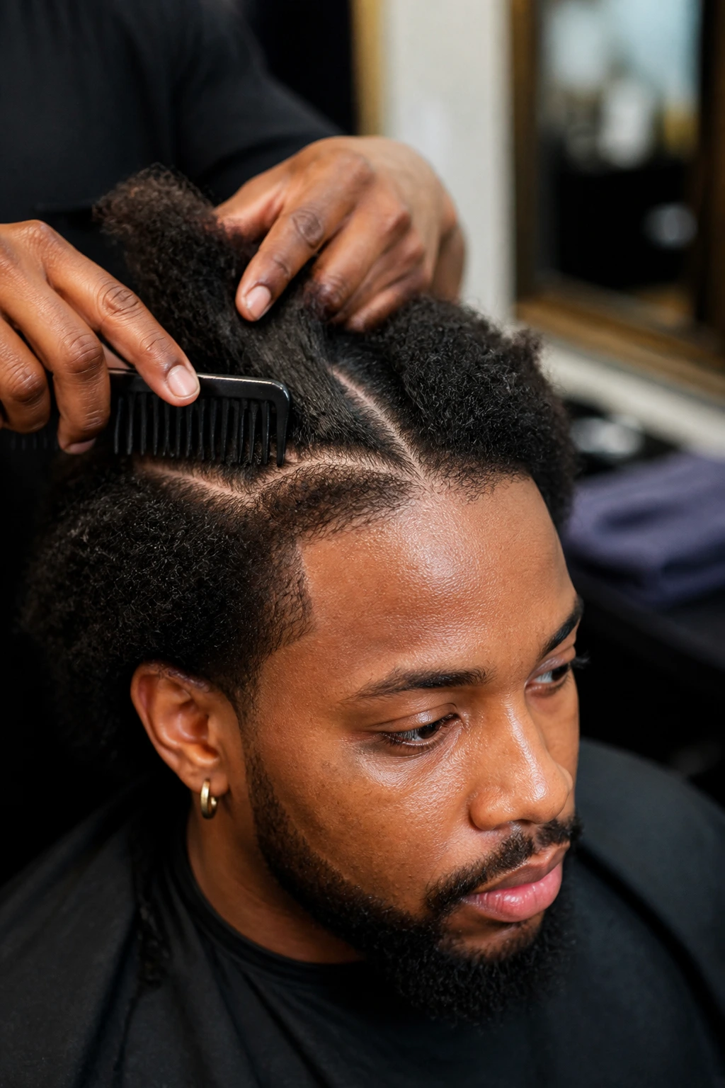 Man prepped for braids with detangling and clean parts in a salon.