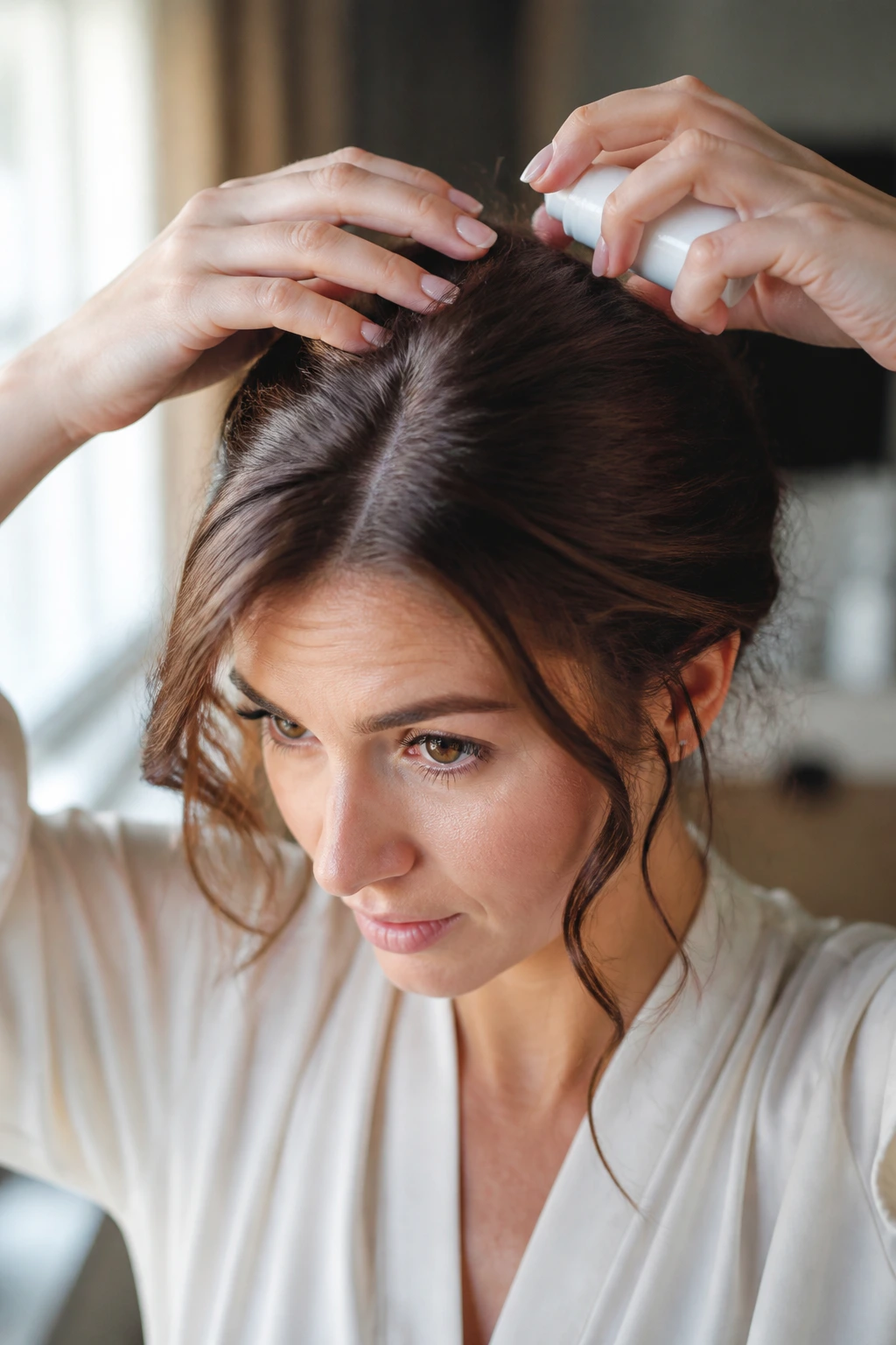 Close-up of a person styling hair with light product for chignon prep