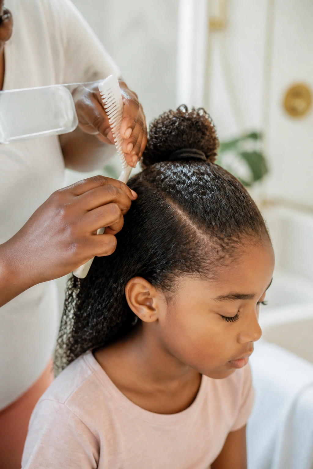 Child with damp hair being prepped for a ponytail with spray bottle