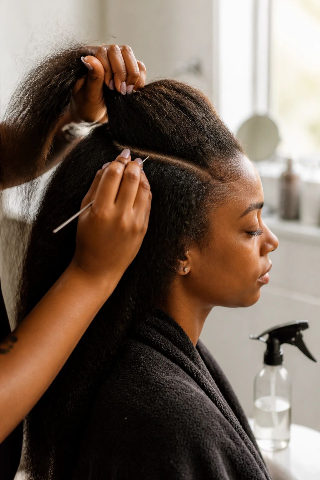 Hands detangling and parting long hair to prep the ridge for a braided mohawk