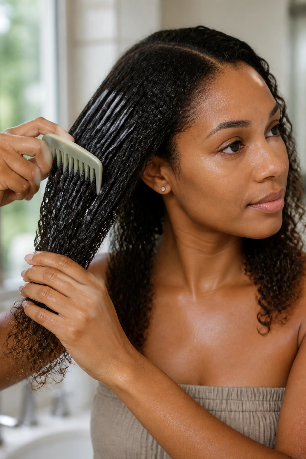 Close-up of a person detangling textured hair with a comb in a softly lit bathroom, prepping for Dutch braids.