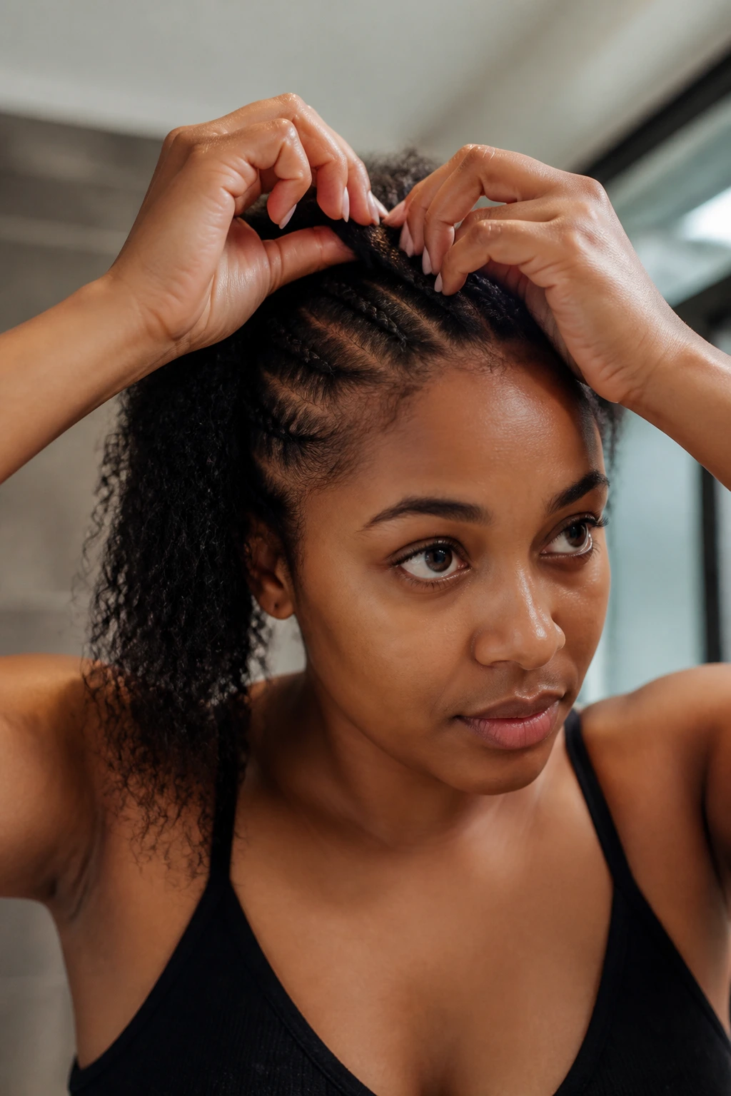 Close-up of a person preparing hair at the roots for braids to gain grip