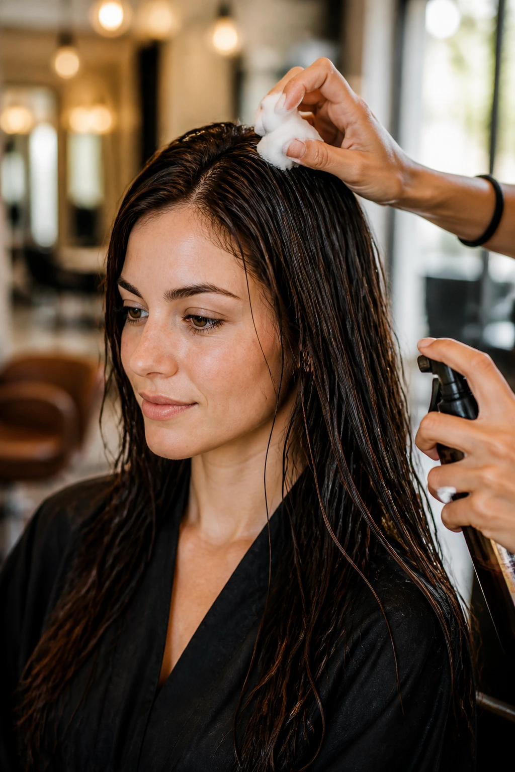Close-up of a real person with long hair being prepped by a stylist in a salon for lasting wedding styles