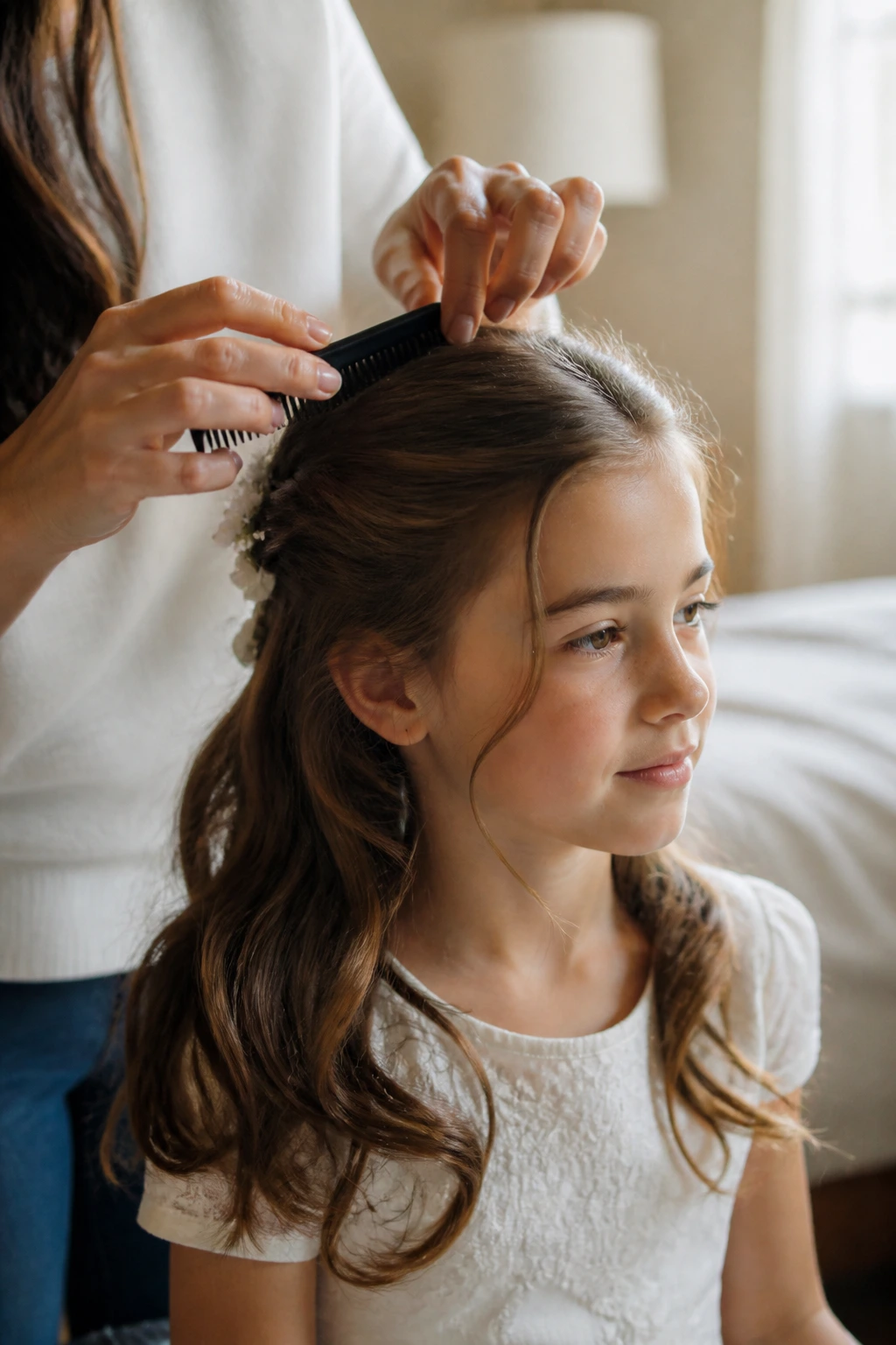 Child getting gentle combing prep in a warm bedroom for First Communion hairstyle.