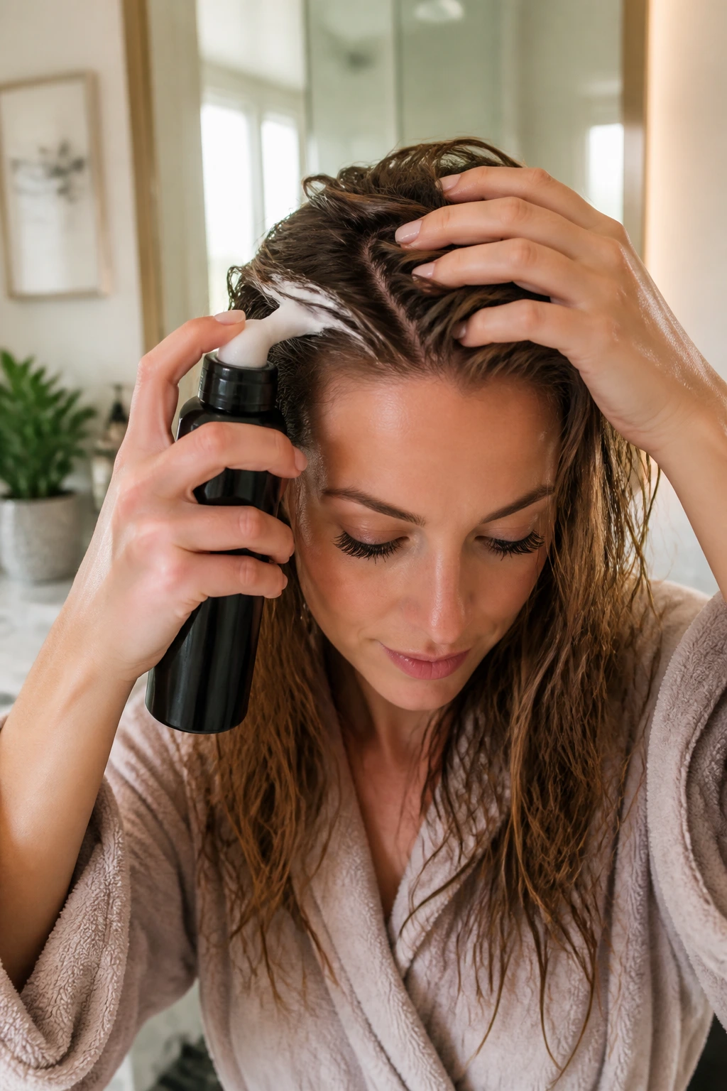 Close-up of a person applying prep products to hair type, mousse bottle near roots.