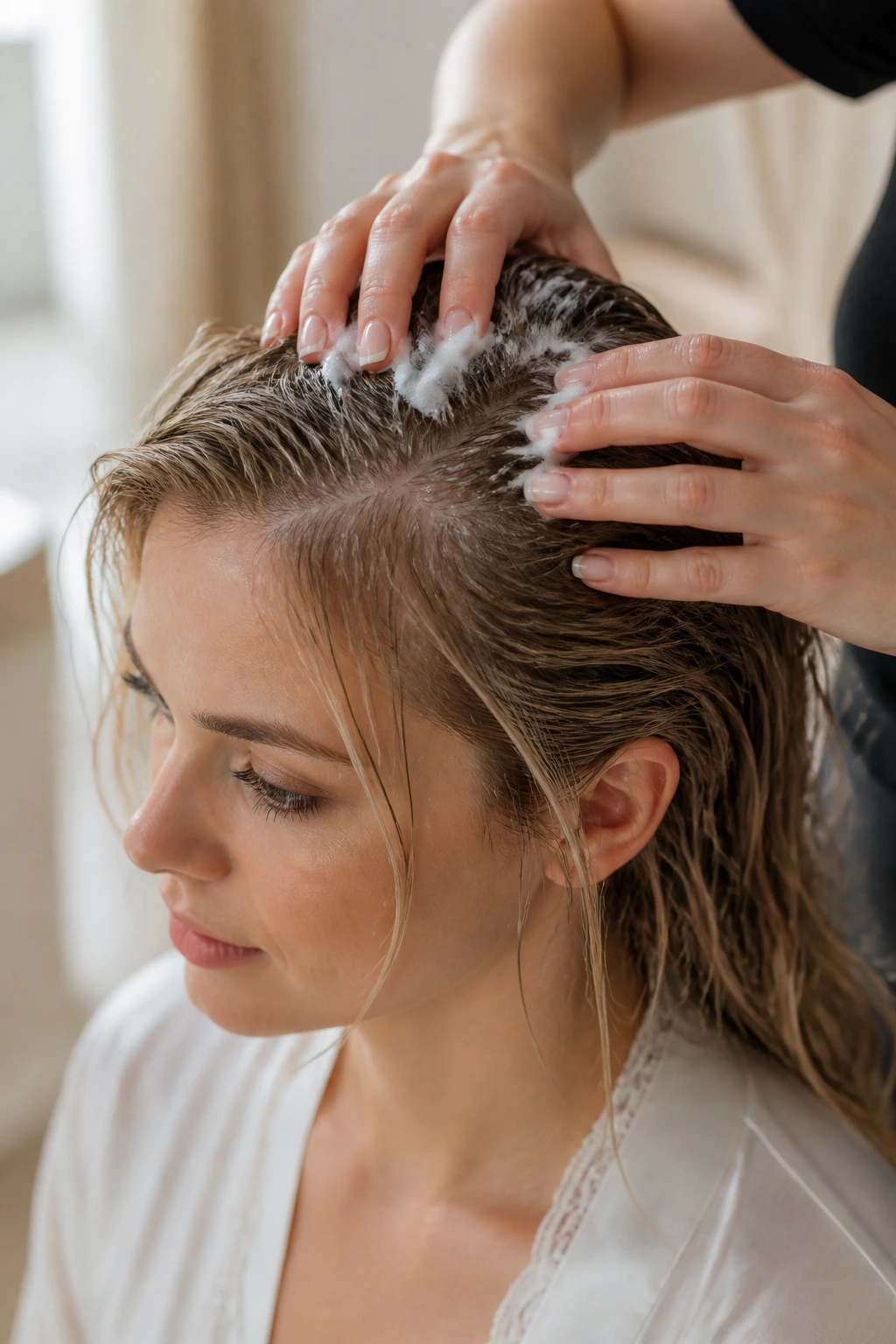Bridal prep shot showing mousse at roots on thin hair.