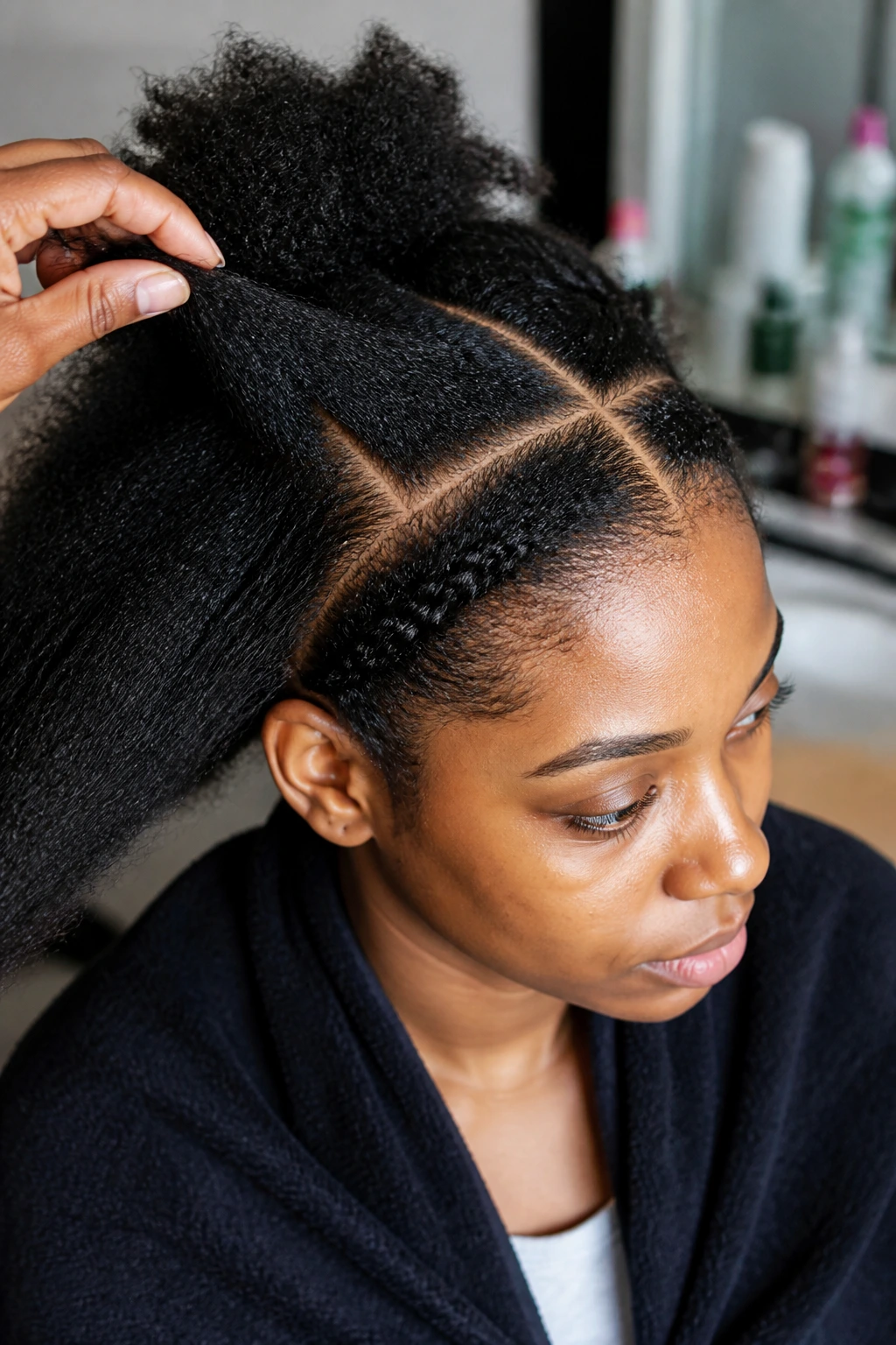 Close-up of real woman's scalp with clean parts and stretched hair