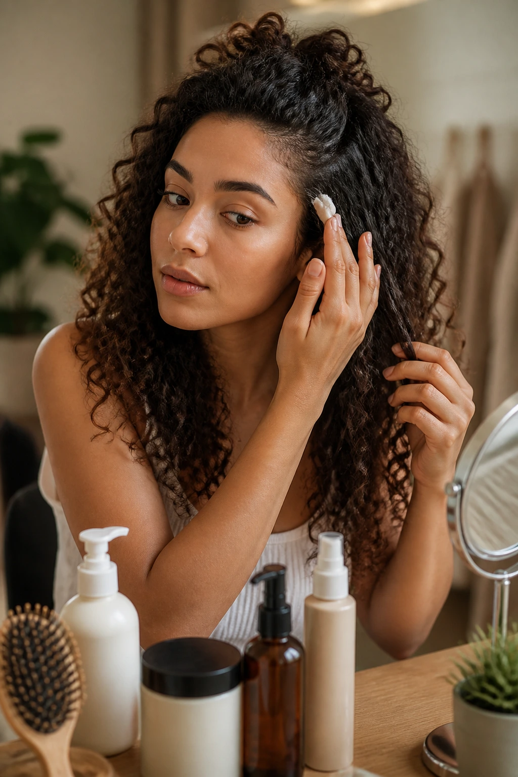 Woman applying leave-in conditioner to front curls