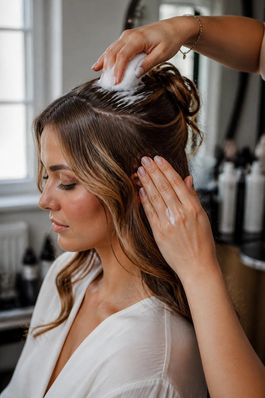 Real person being prepped with root mousse and mid-length smoothing cream in a salon.