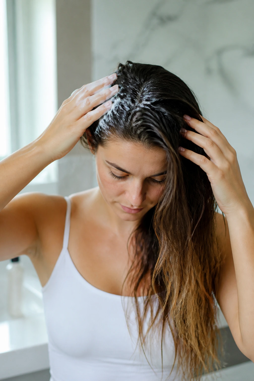 Close-up of a woman prepping long hair with mousse in a softly lit bathroom.