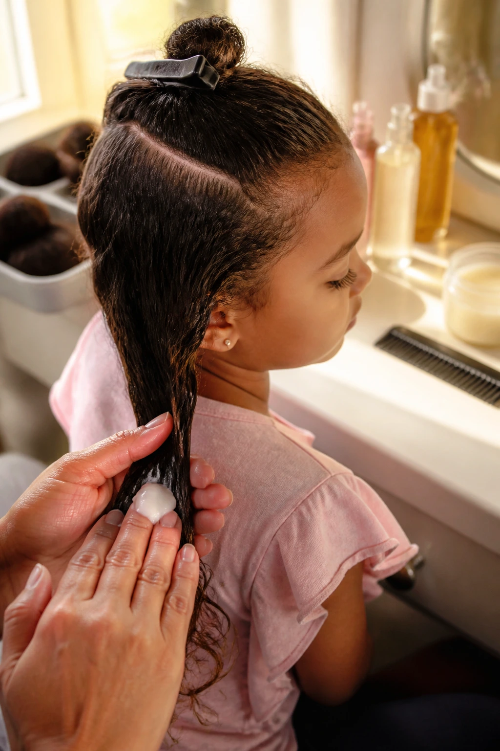 Close-up of a child's hair being prepped with styling cream