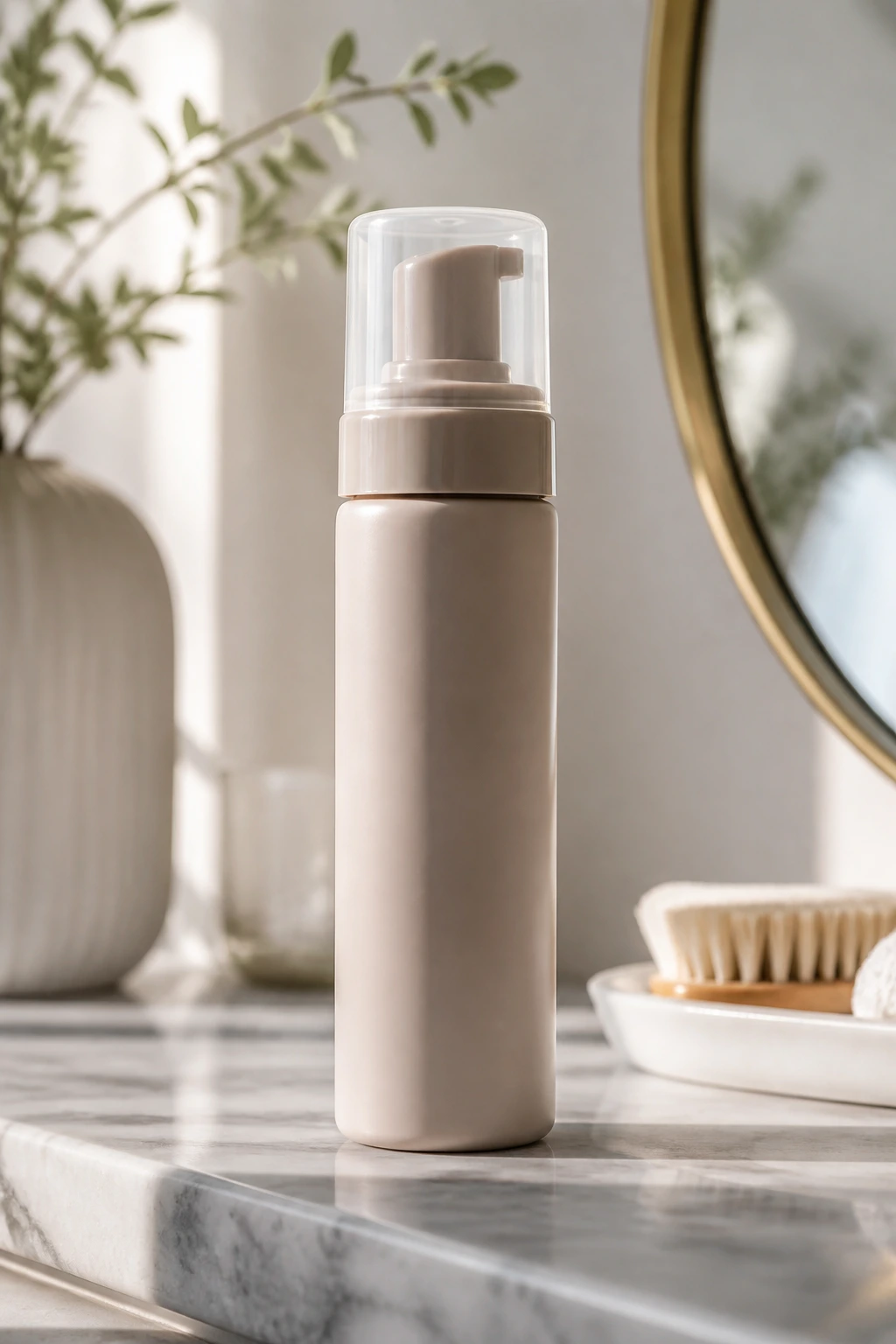 Close-up of a plain hair product bottle on a minimalist vanity