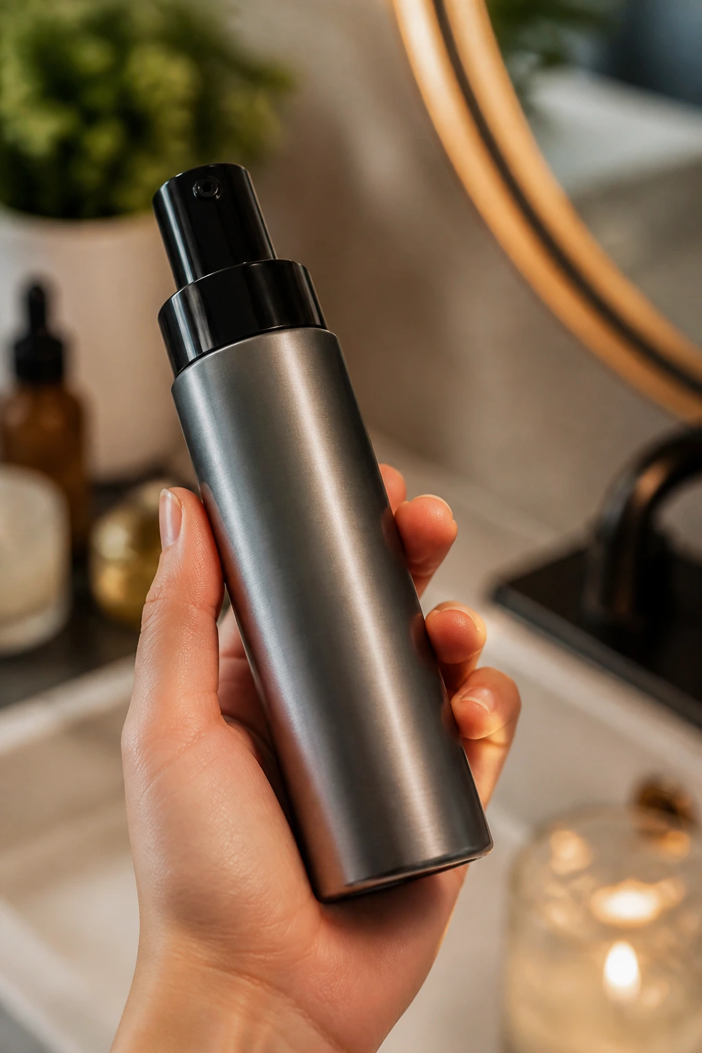 Close-up of a hair product bottle in hand on a vanity for density tips