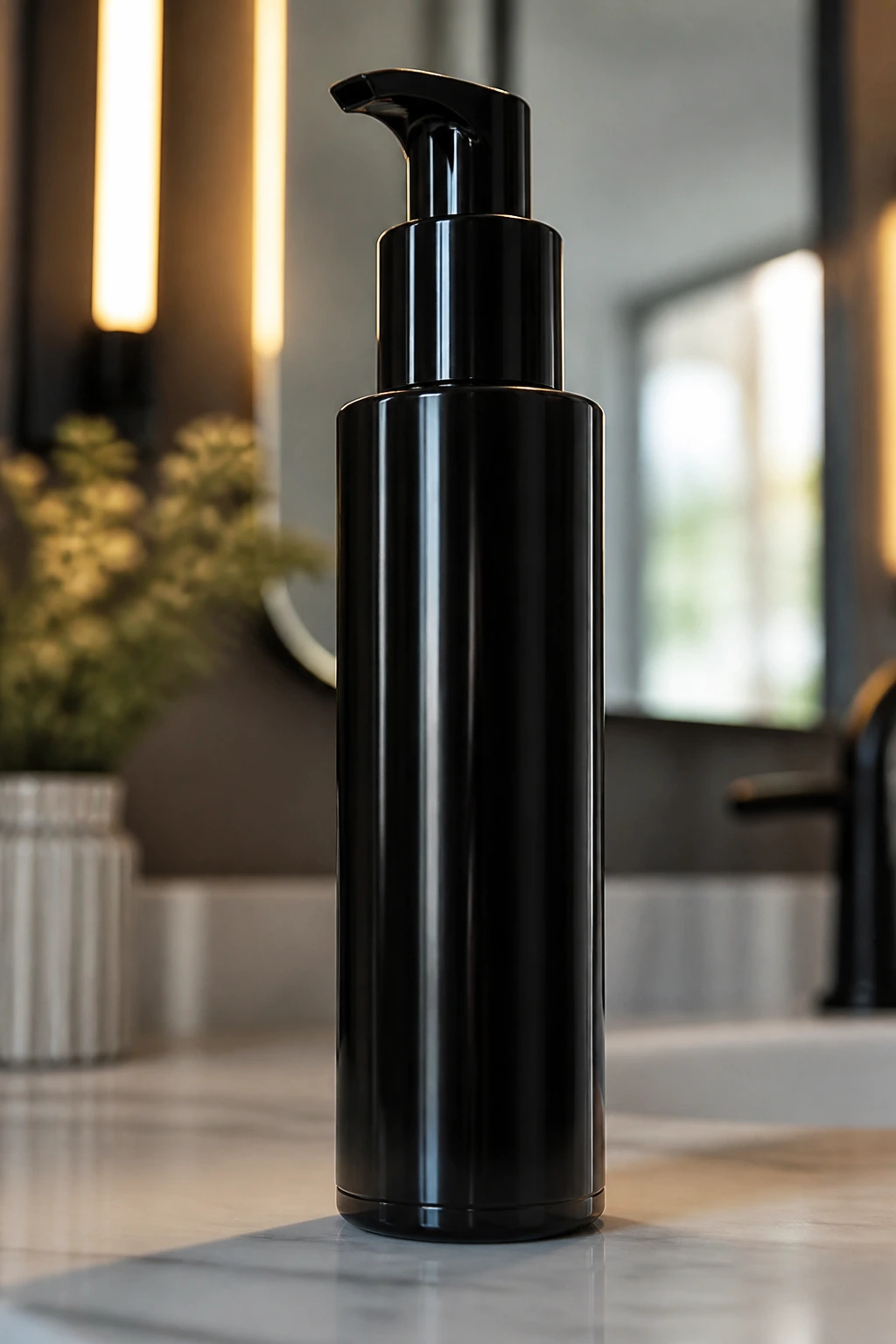 Close-up of a hair product bottle on bathroom counter