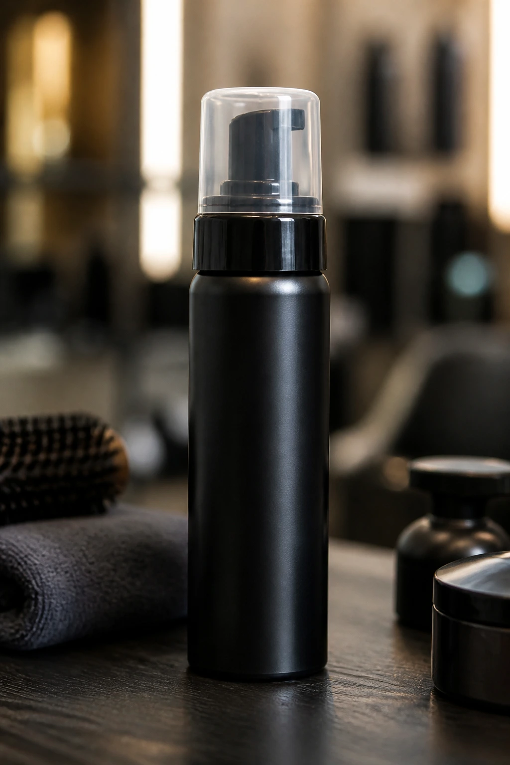 Close-up of a generic hair product bottle for short faux hawk styling.