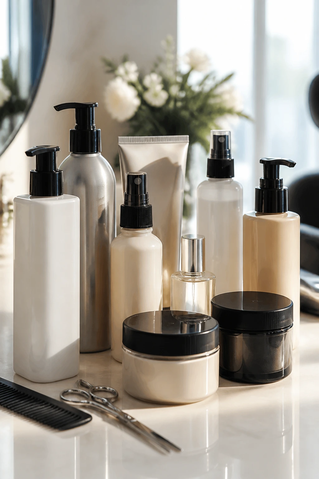 Still-life of hair-care products on a bright counter