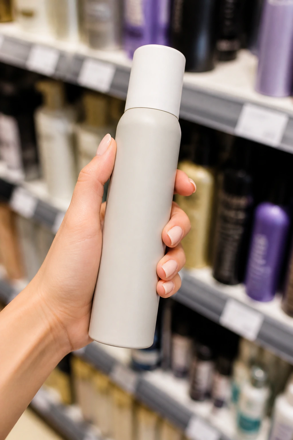 Hand holding a hair product bottle in a store, illustrating product selection tips.