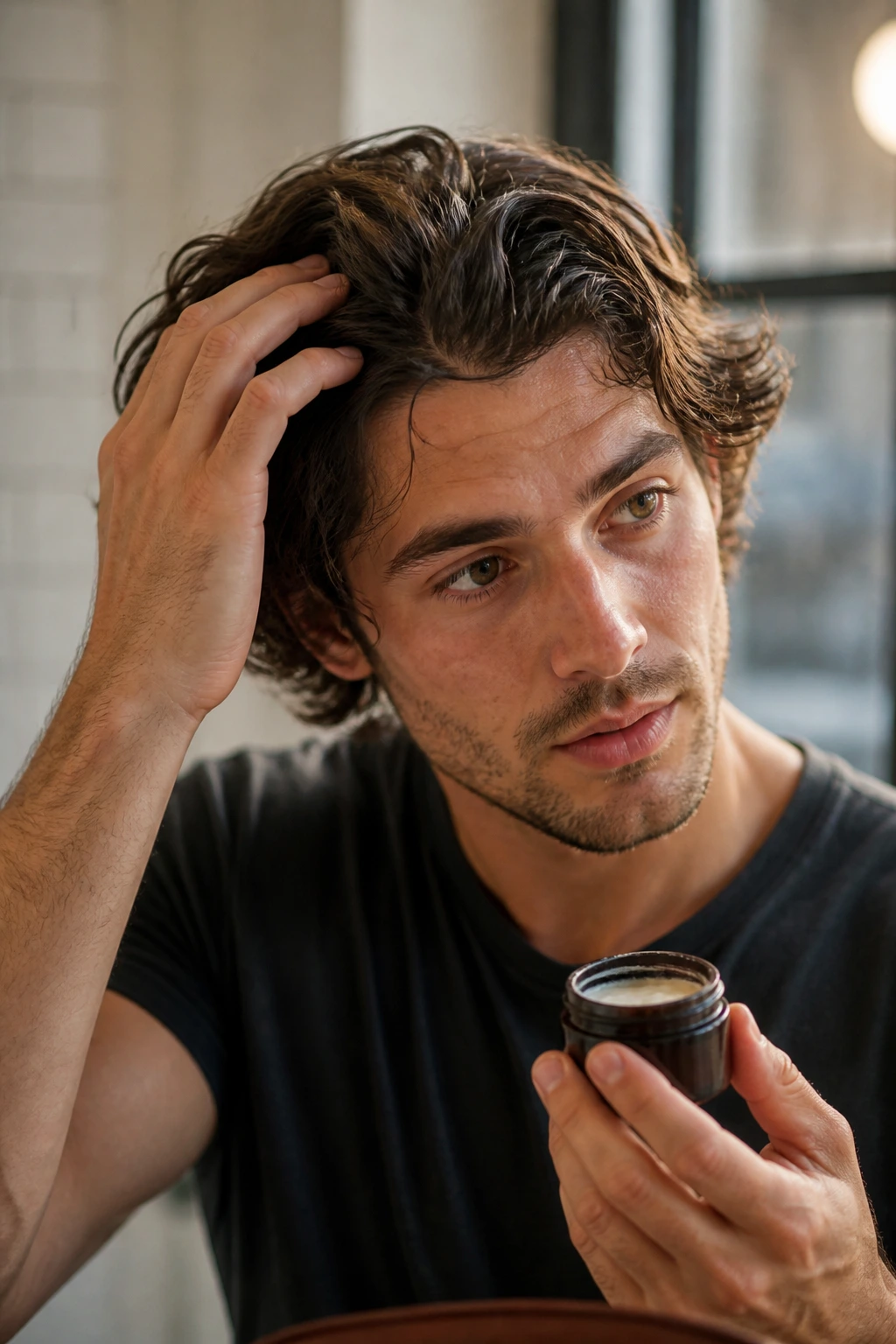 Close-up of hand applying unlabelled hair product to medium-length hair on a real person.