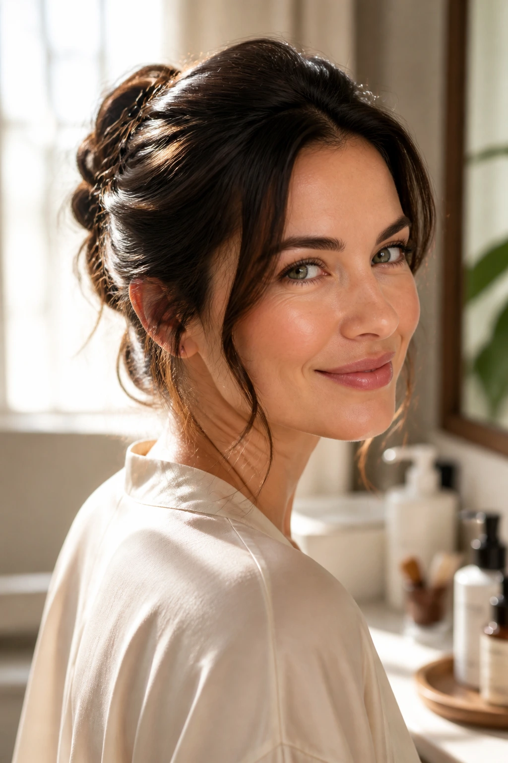 Woman with updo showing glossy finish from hair products.