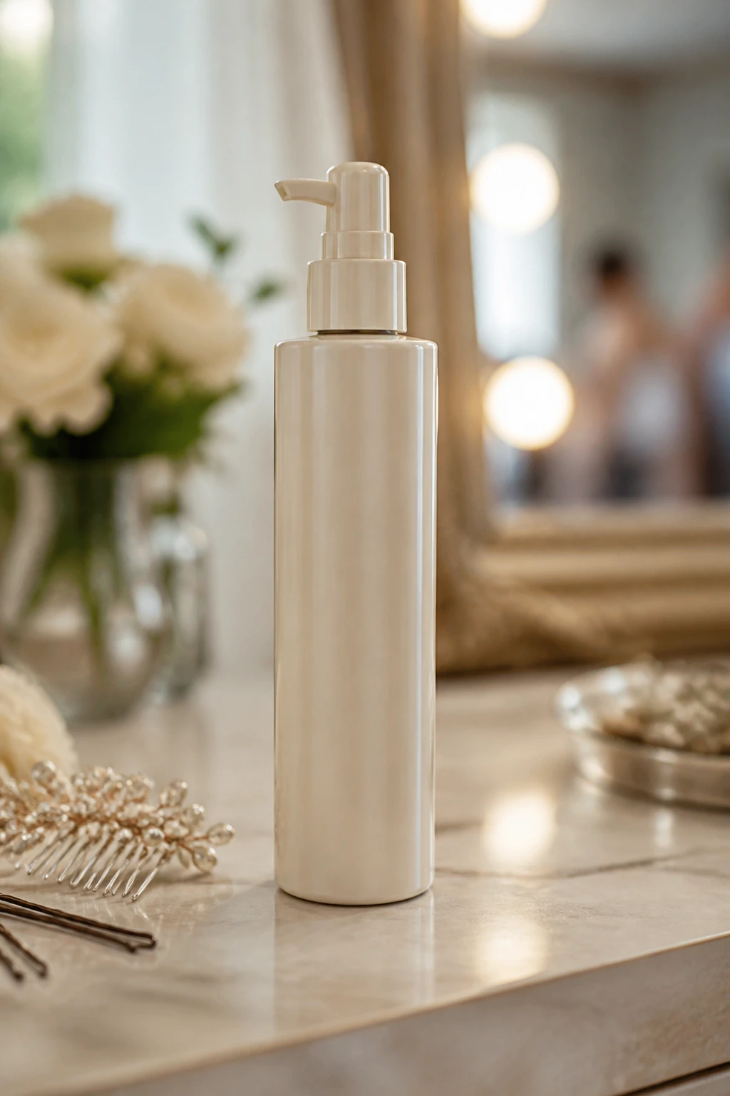 Close-up of an unbranded hair product bottle on a vanity with soft light
