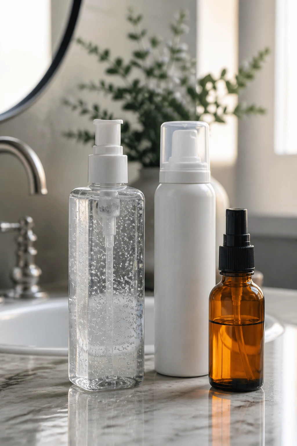 Close-up of unlabeled hair styling products on a marble bathroom counter for mohawk styling