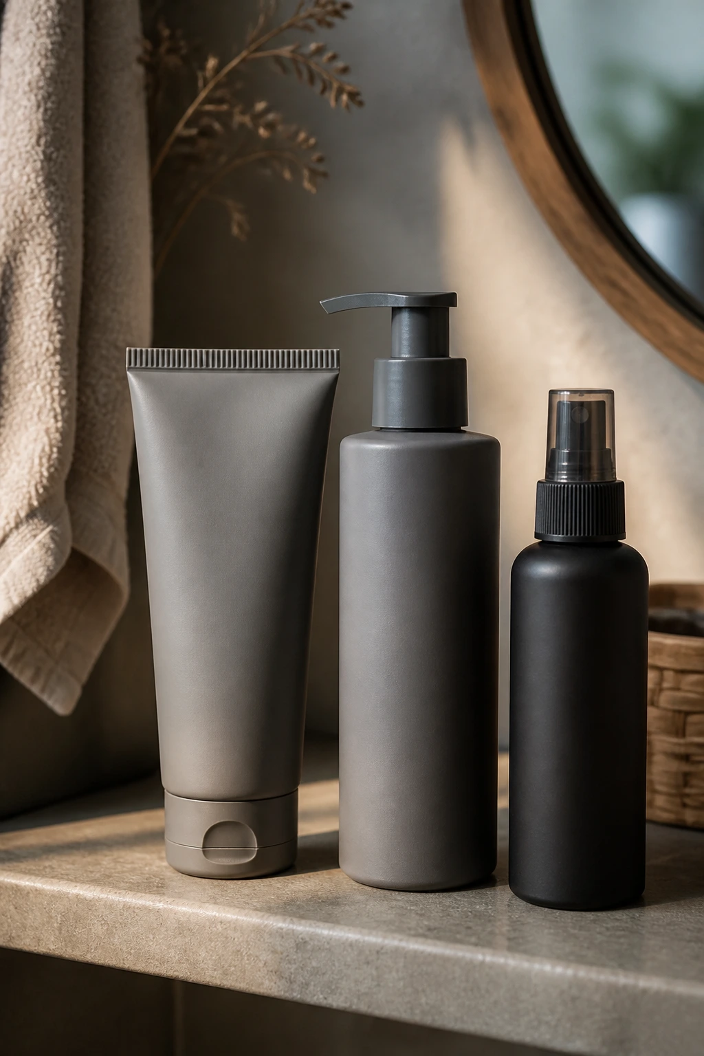 Three hair product bottles on a shelf for different hair types and densities