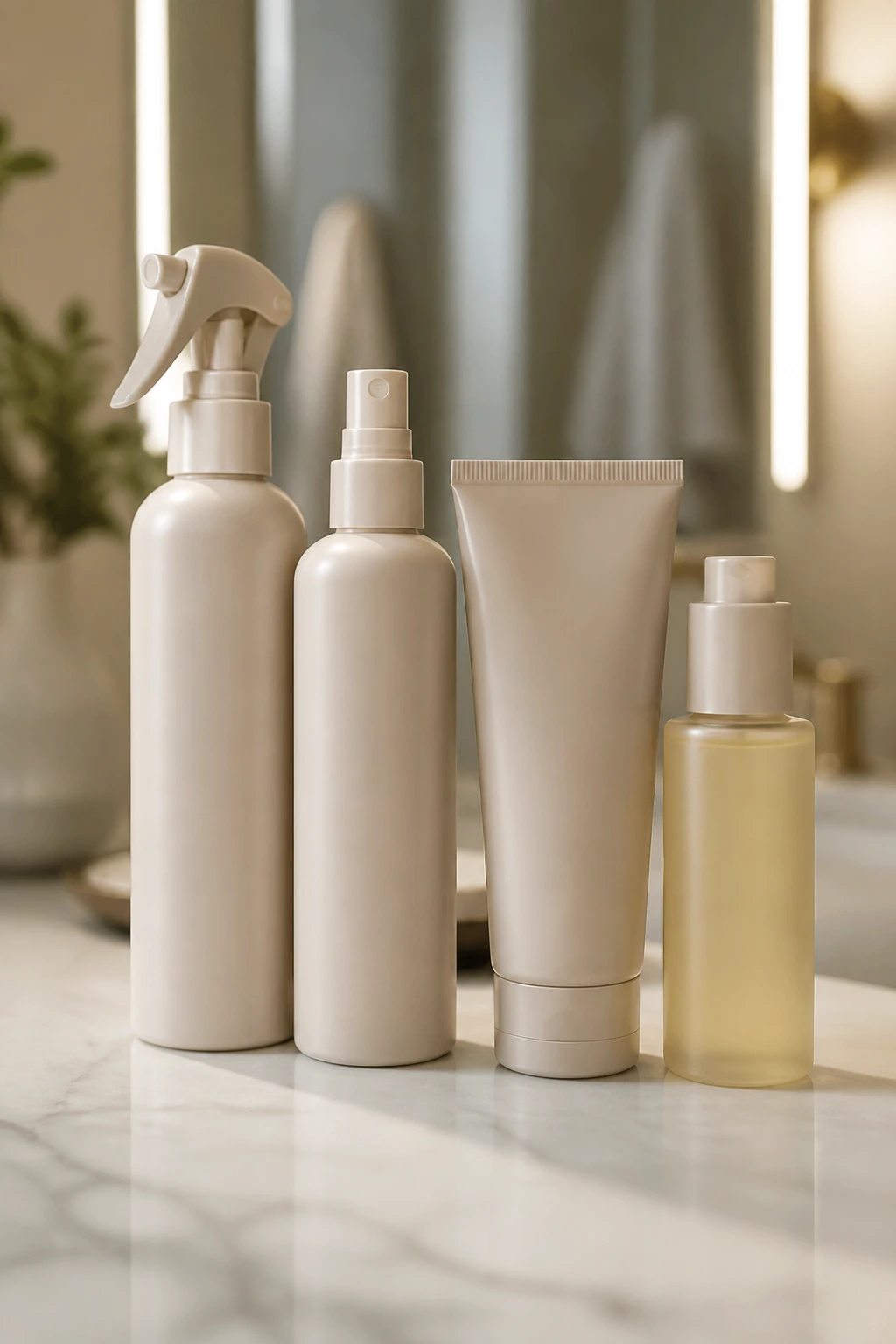 Close-up of unlabeled styling products arranged on a bathroom counter