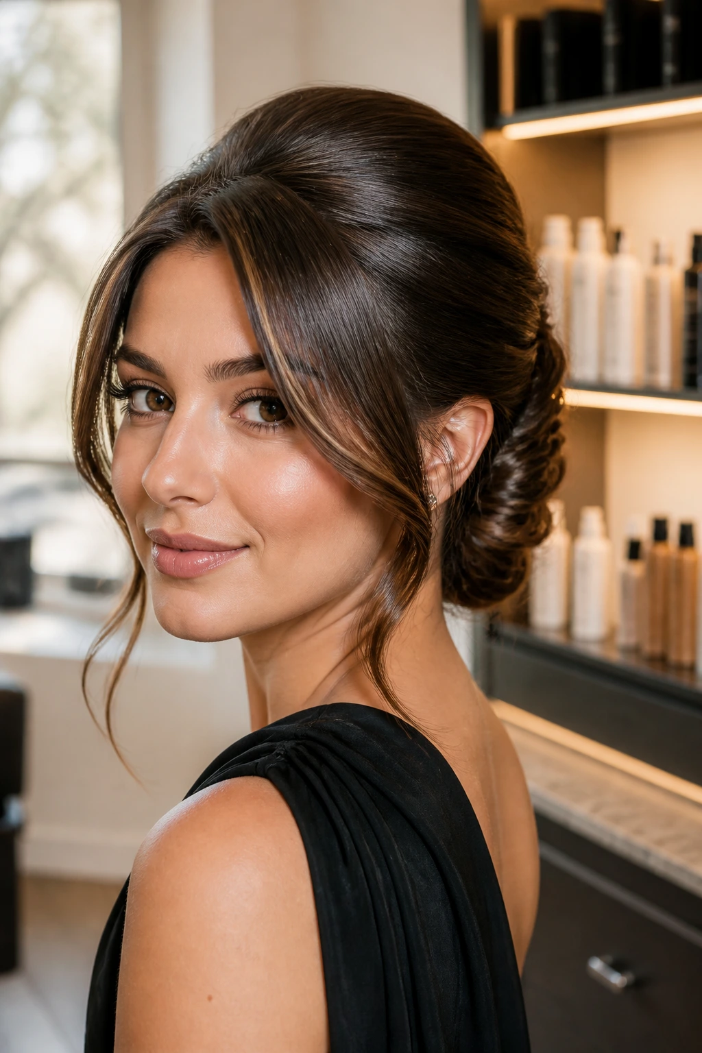 Portrait of a woman with glossy, grip-ready hairstyle in salon with blurred product bottles in background