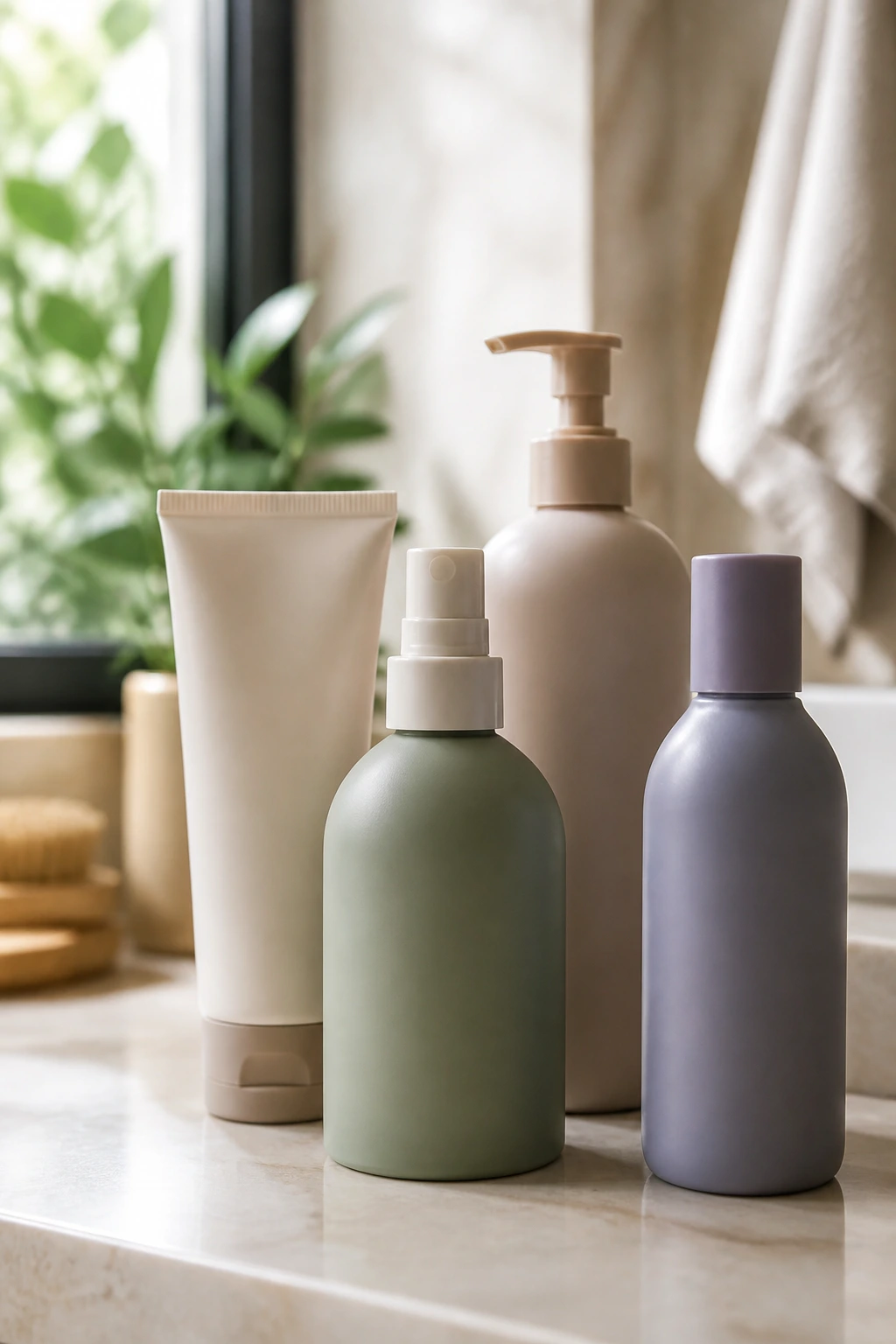 Close-up of hair care bottles on a bathroom vanity with soft natural light.