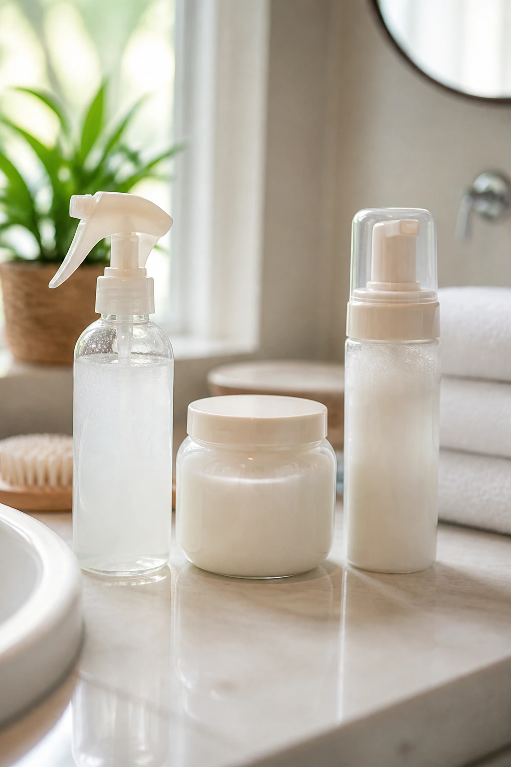 Unlabeled hair care products for twists on bathroom counter