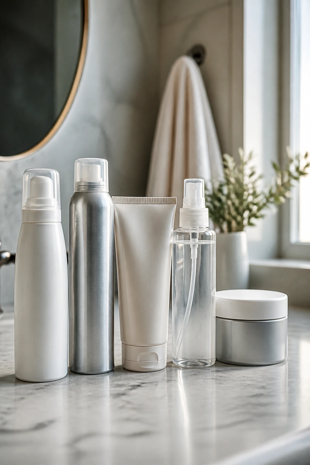 Close-up of hair styling products for holiday prep on a bathroom counter.