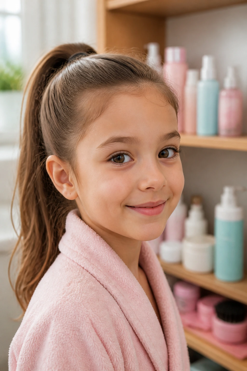 Girl with ponytail and blurred shelf of hair products in background