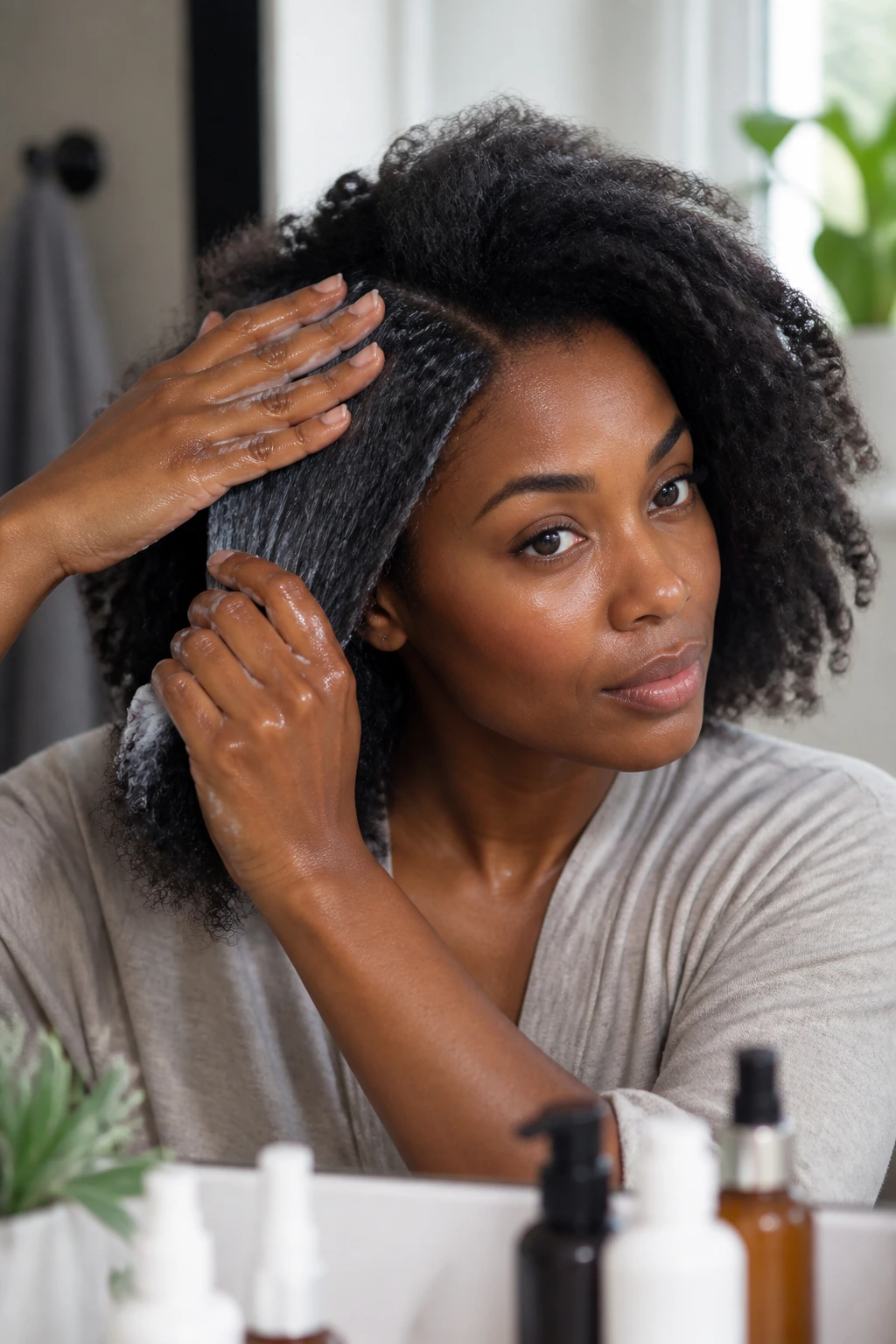 Close-up of thick natural hair being prepped with products