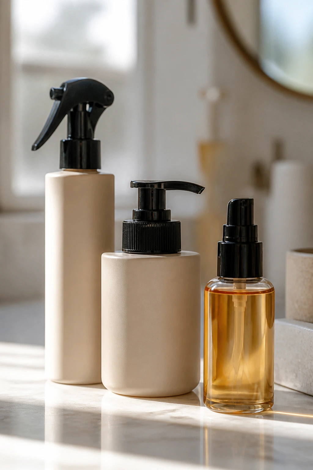 Group of hair care product bottles ready for use