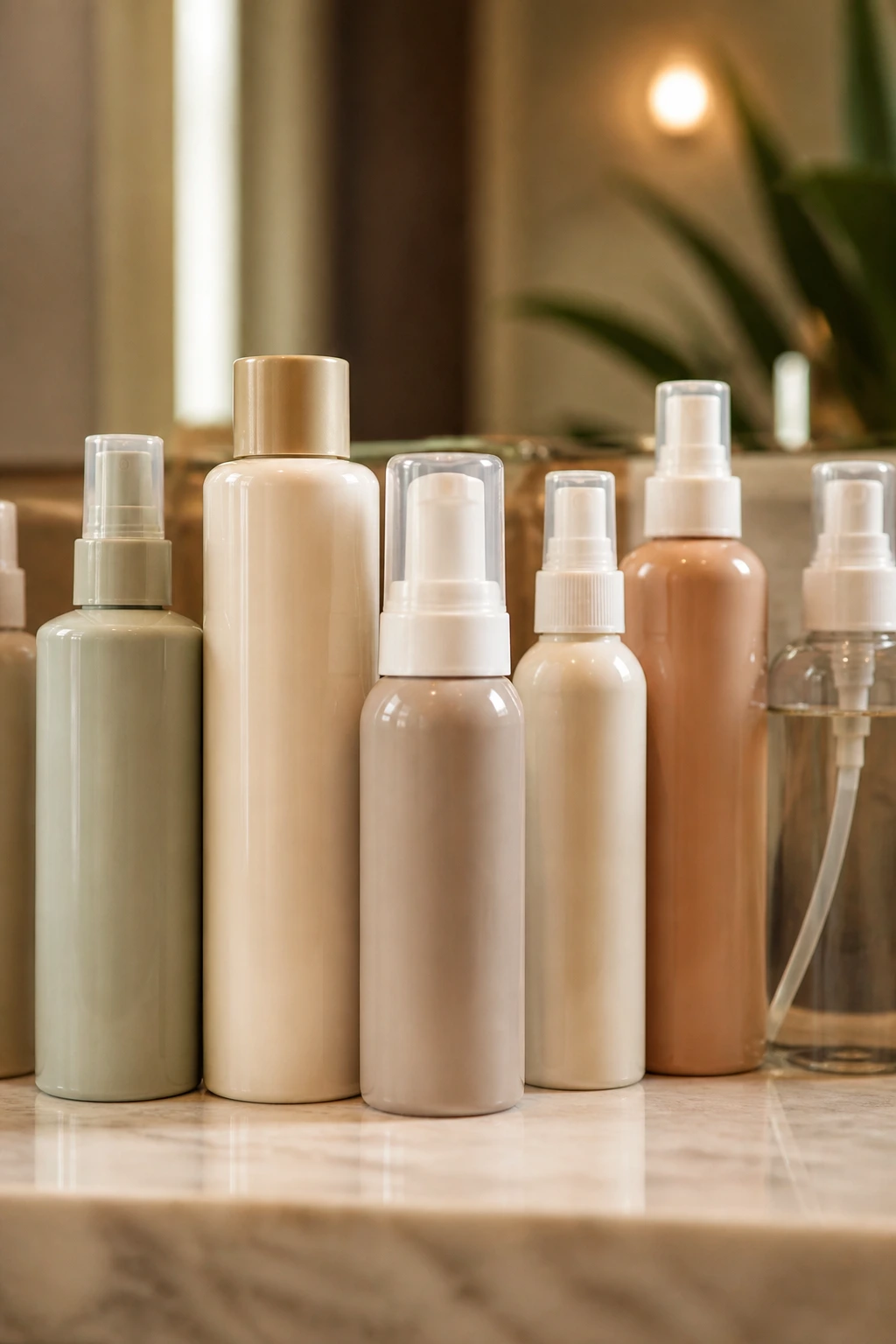 Close-up of unlabeled hair product bottles lined on a bathroom counter