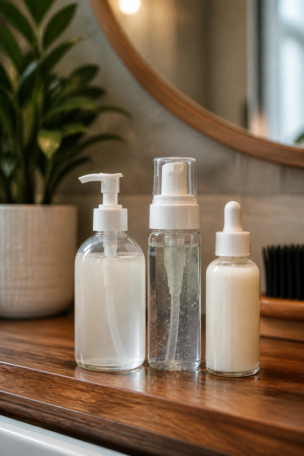Close-up of unlabeled hair-product bottles on a vanity, emphasizing texture-focused styling products.