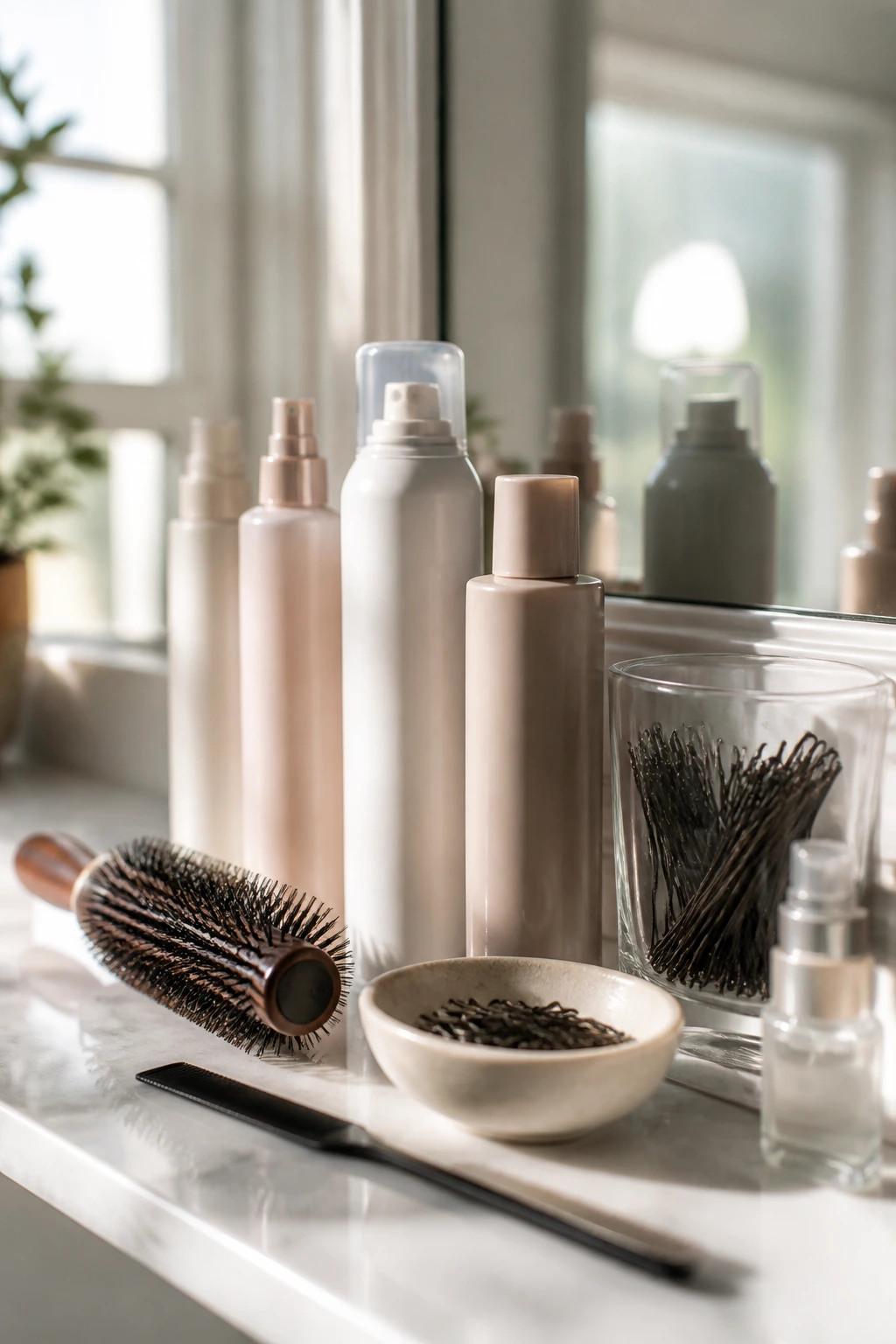 Assorted generic hair-care products arranged on a bright bathroom shelf