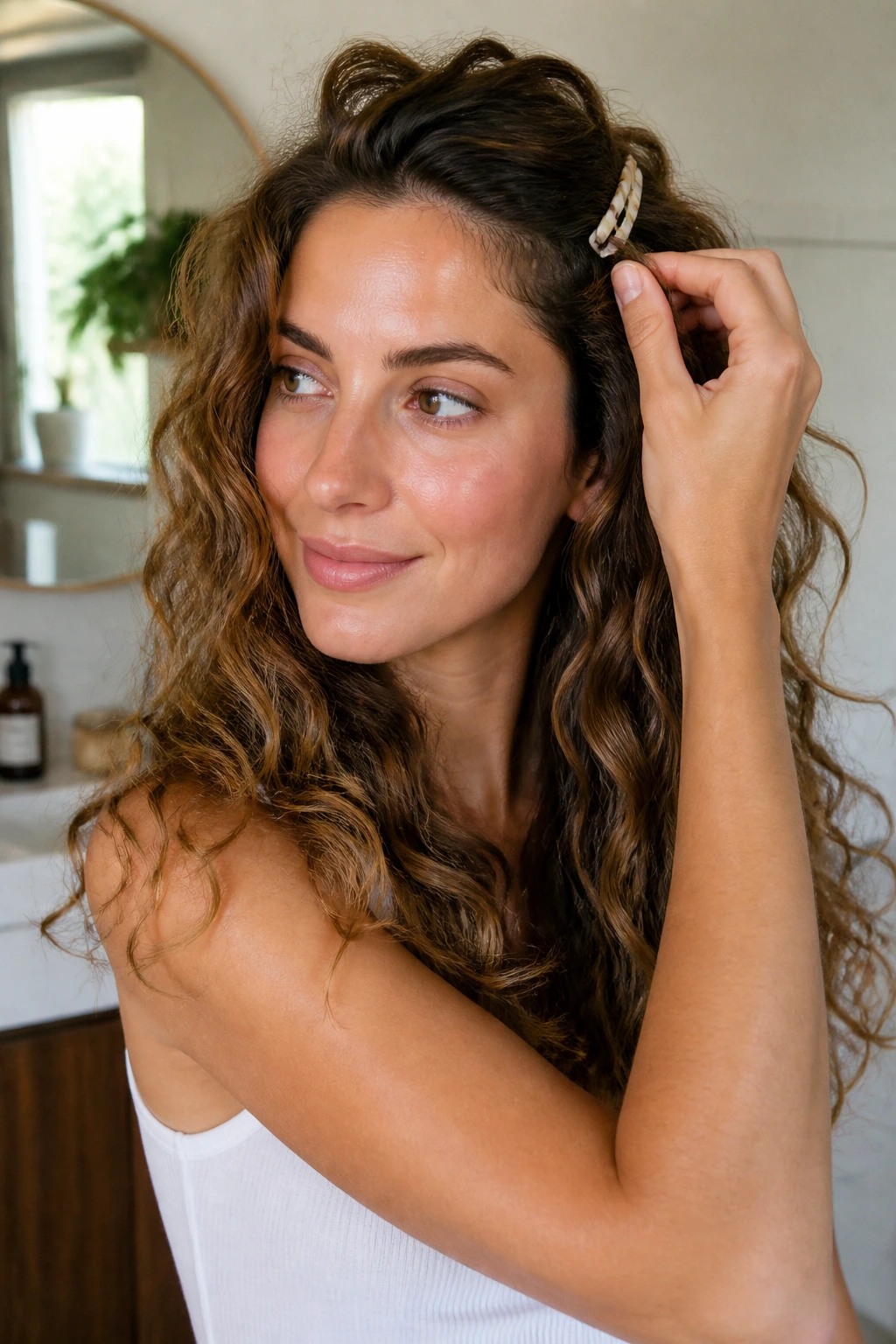 Portrait of a real person adjusting a small hair clip in wavy hair