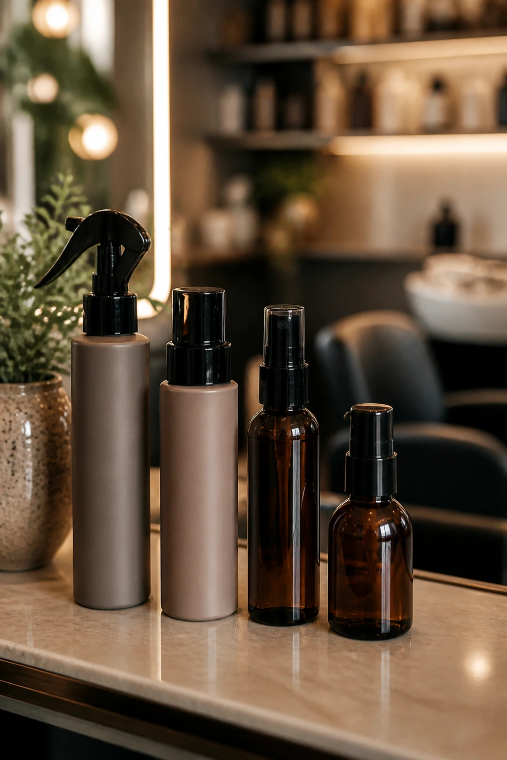 Row of unlabeled hair product bottles on a salon counter.
