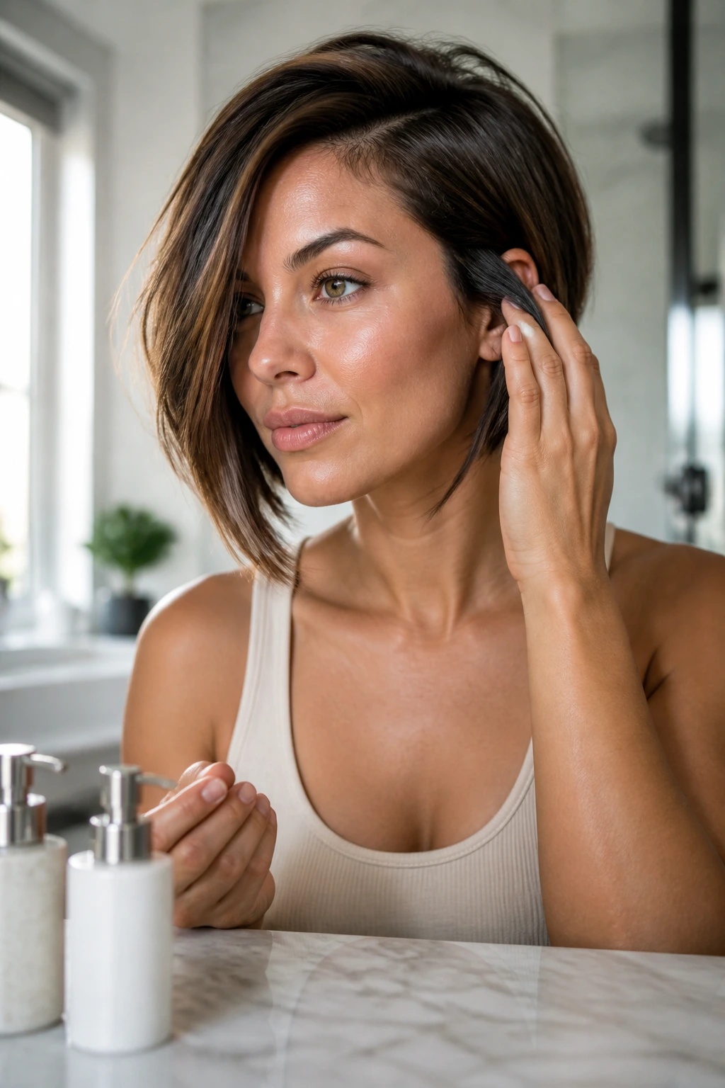 Woman with asymmetrical bob applying serum to outer perimeter in bright bathroom.
